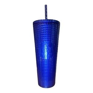 Starbucks 2023 Cobalt Blue Glitter Grid 24oz Cold Venti Tumbler with Straw NWT